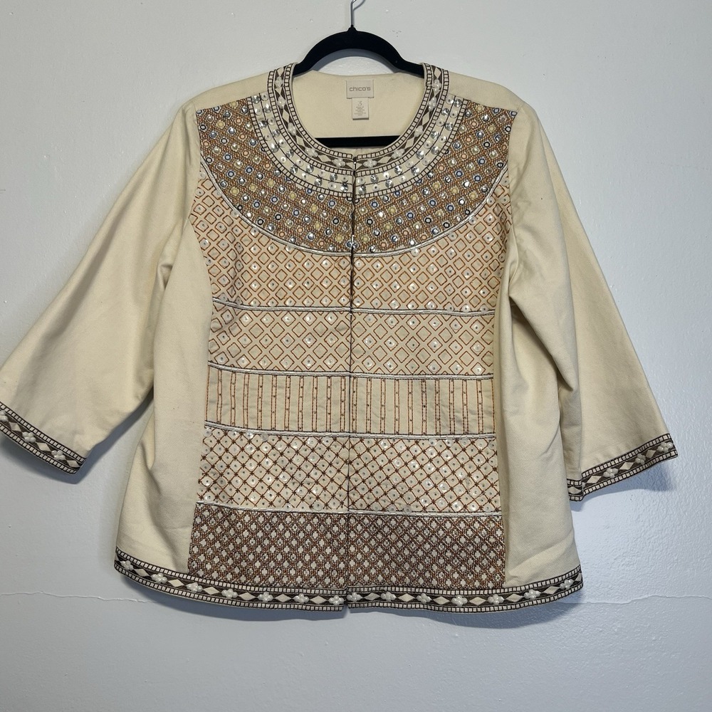 Chico's Women's Sz 3 Embellished Jacket 3/4 Sleeve Embroidered Beaded Madure